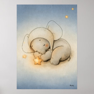 Sleeping Elephant Nursery Baby Illustration Poster