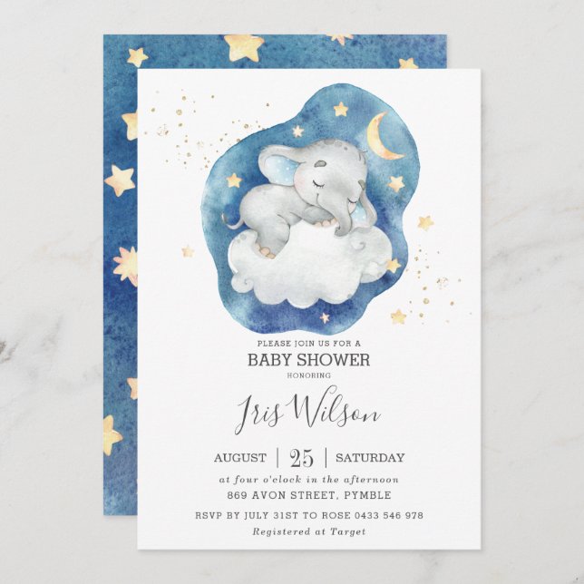 Sleeping Elephant Twinkle Star Baby Shower Boy Invitation (Front/Back)