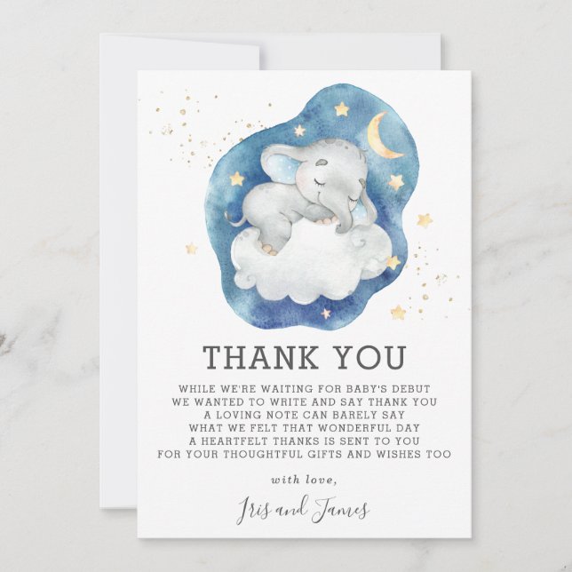 Sleeping Elephant Twinkle Star Baby Shower Boy Thank You Card (Front)