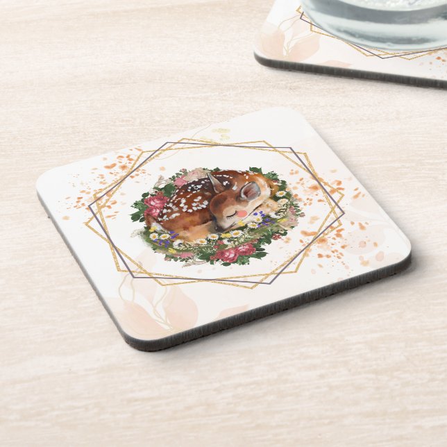 Sleeping Fawn, Brown Animal Graphic Coaster (Left Side)