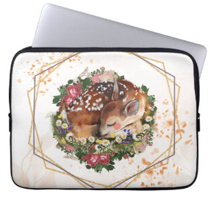 Sleeping Fawn, Stylised Brown Animal Illustration Laptop Sleeve