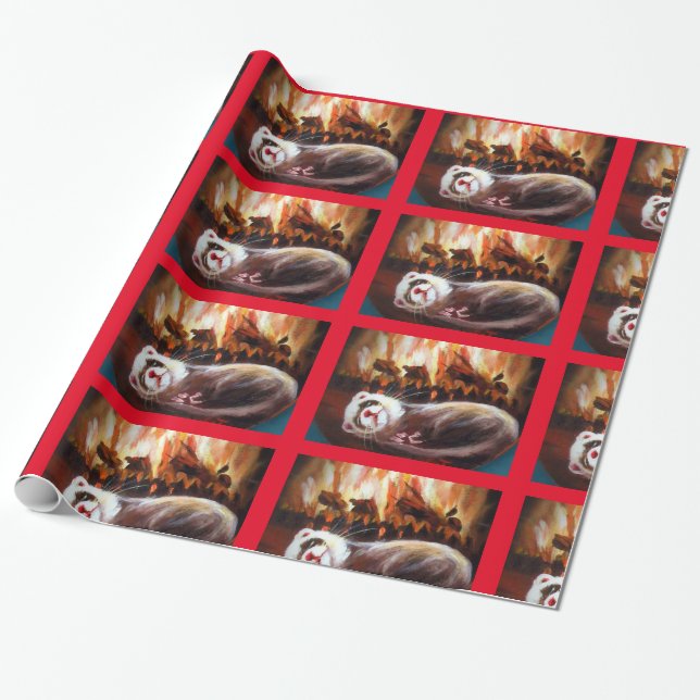 Sleeping ferret fireplace wrapping paper (Unrolled)