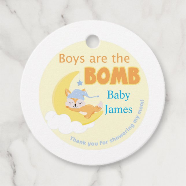 Sleeping fox Boys are the bomb favour tag (Front)
