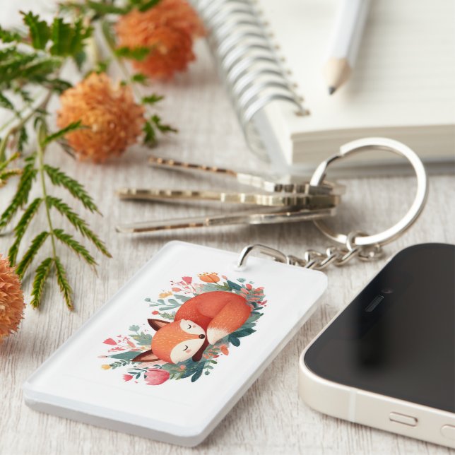Sleeping Fox Floral Cute Illustration Key Ring (Front Right)