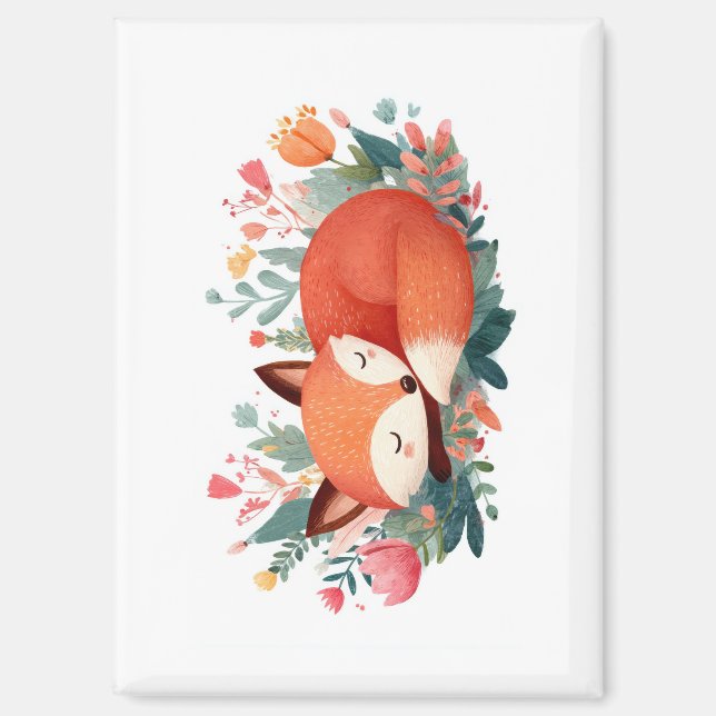 Sleeping Fox Floral Cute Illustration Magnet (Front)
