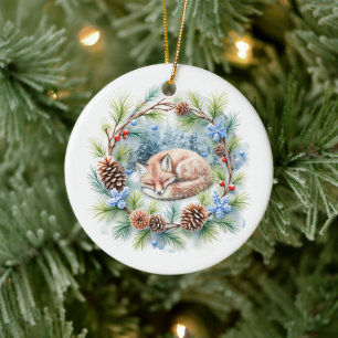 Sleeping Fox in Winter Wreath Holiday Ceramic Tree Decoration