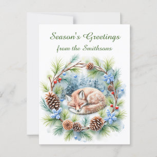 Sleeping Fox in Winter Wreath Holiday Postcard