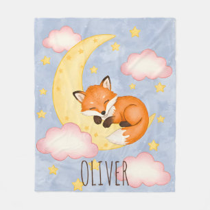 Sleeping Fox on Crescent Moon Nursery Dream Fleece Blanket