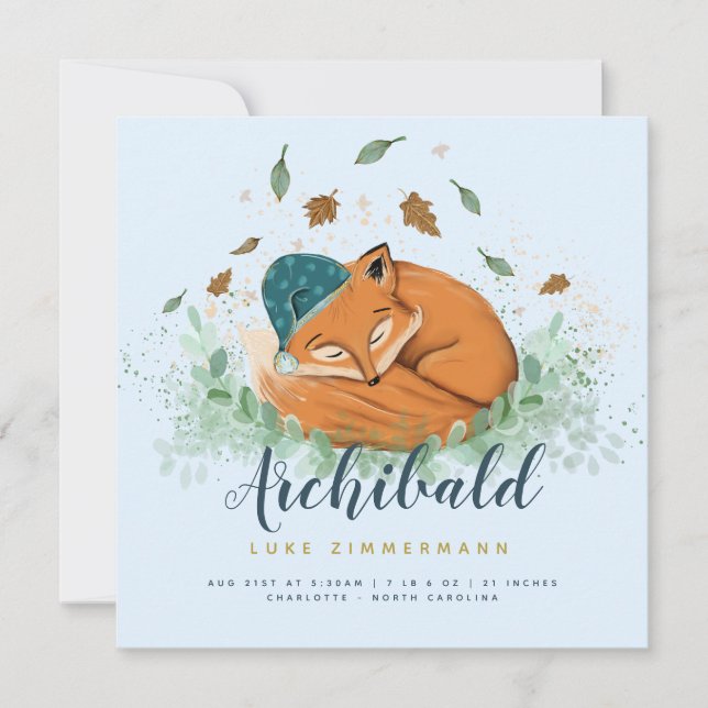 Sleeping Fox Personalised Birth Announcement (Front)