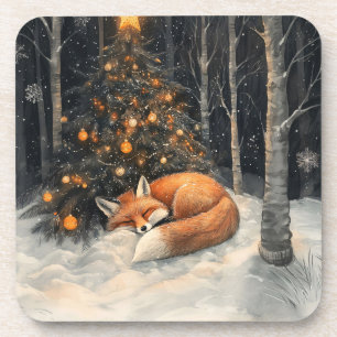 Sleeping Fox Whimsical Rustic Christmas Coaster