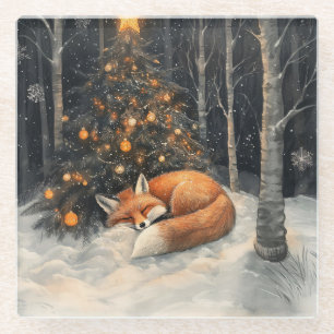 Sleeping Fox Whimsical Rustic Christmas Glass Coaster