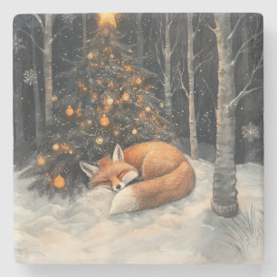 Sleeping Fox Whimsical Rustic Christmas Stone Coaster