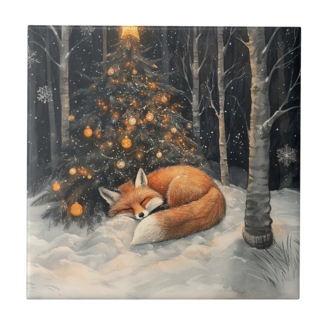 Sleeping Fox Whimsical Rustic Christmas Tile (Front)