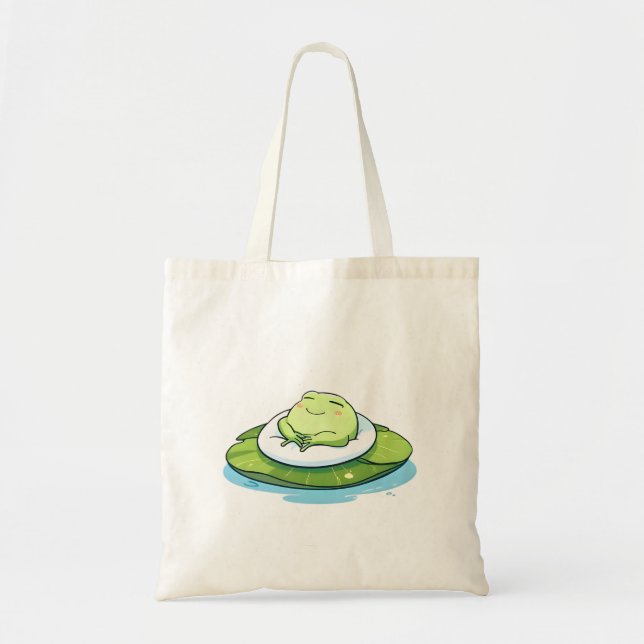 Sleeping Frog on Lily Pad Kawaii Design Tote Bag (Front)