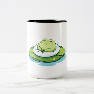Sleeping Frog on Lily Pad Kawaii Design Two-Tone Coffee Mug