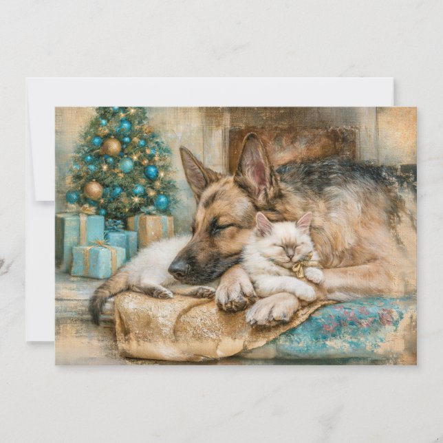 Sleeping German Shepherd White Kitten Christmas Holiday Card (Front)