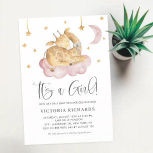 Sleeping Giraffe Pink Girl Baby Shower Invitation
