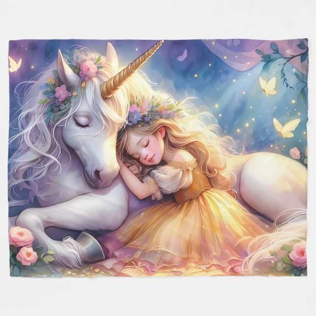 Sleeping Girl Unicorn Dreamscape Fleece Blanket (Front (Horizontal))