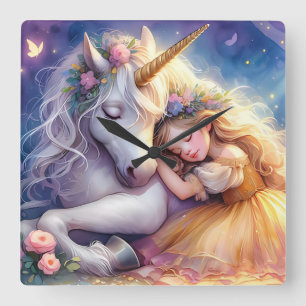 Sleeping Girl Unicorn Dreamscape Square Wall Clock