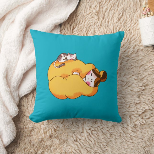 Sleeping Girl with Cosy Cat Cushion (Blanket)