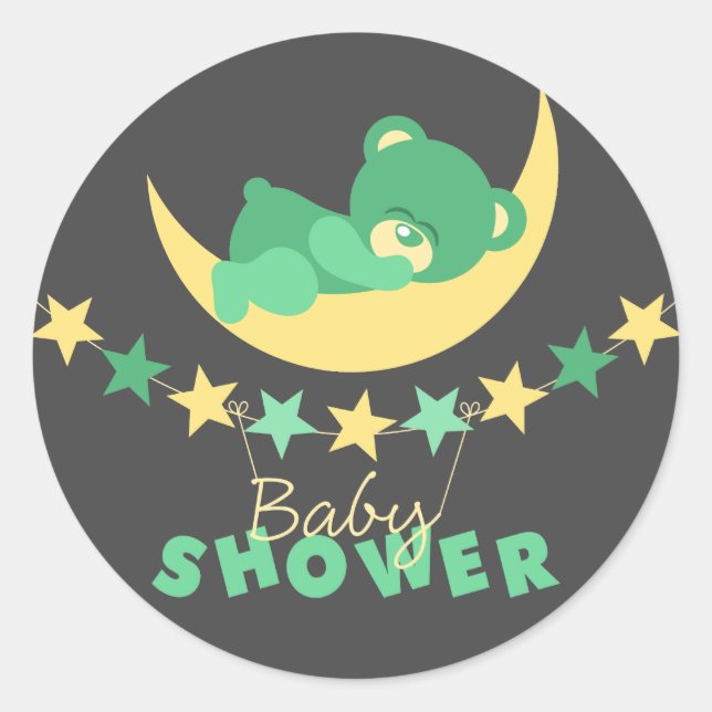 Sleeping Green Teddy Bear On Moon Baby Shower Classic Round Sticker (Front)