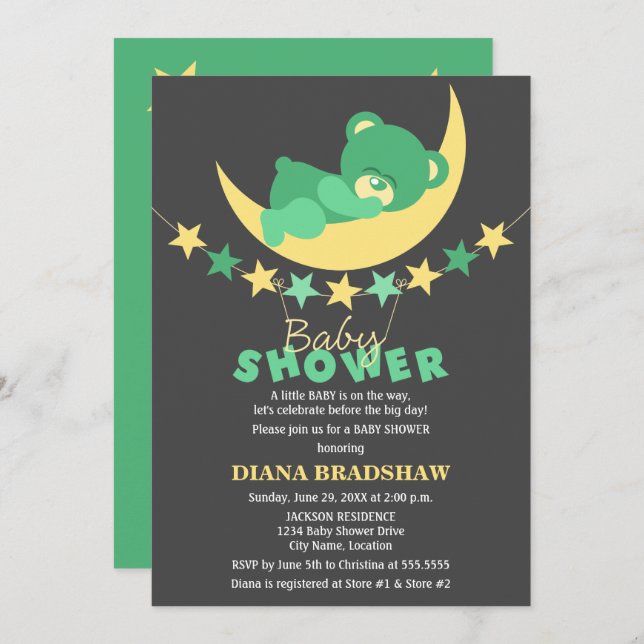 Sleeping Green Teddy Bear On Moon Baby Shower Invitation (Front/Back)