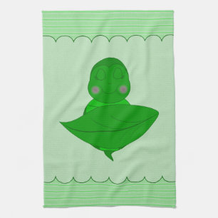 Sleeping Green Turtle Frilly Frame With Stripes Tea Towel