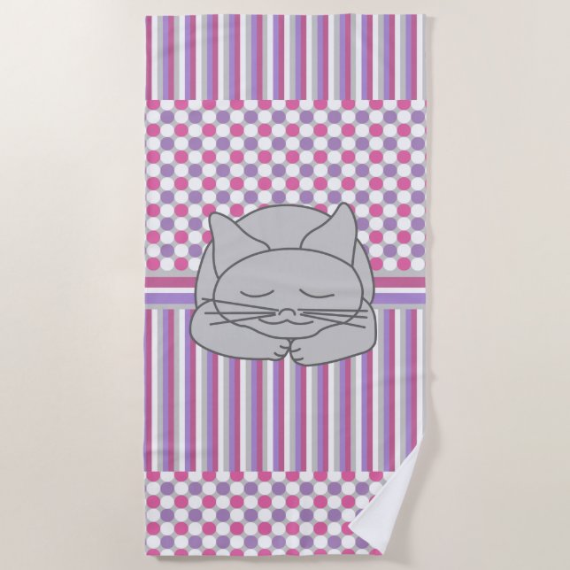 Sleeping Grey Cat Pattern Beach Towel (Front)