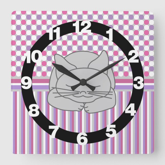 Sleeping Grey Cat Pattern Large Clock (Front)