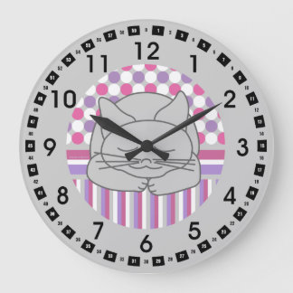 Sleeping Grey Cat Patterned Oval Large Clock