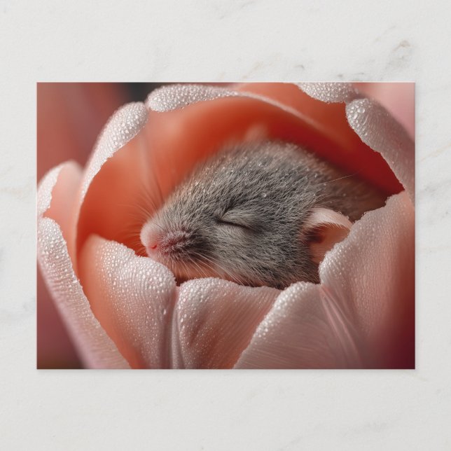Sleeping Harvest Mouse Inside a Dew-Covered Tulip Postcard (Front)