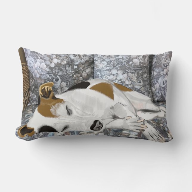 Sleeping Jack Russell against abstract ferns Lumbar Cushion (Front)