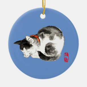Sleeping Japanese Cat Black and White Ceramic Tree Decoration