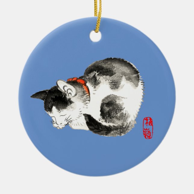 Sleeping Japanese Cat Black and White Ceramic Tree Decoration (Front)