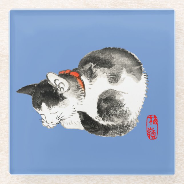 Sleeping Japanese Cat Black and White Glass Coaster (Front)