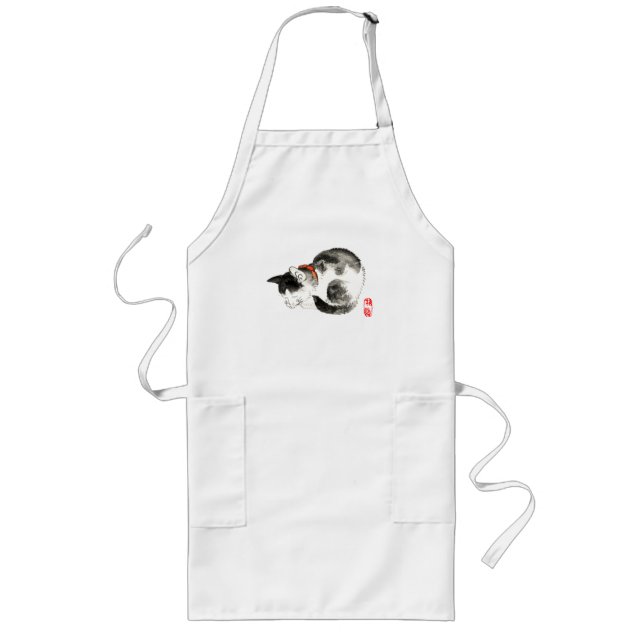 Sleeping Japanese Cat Black and White Long Apron (Front)