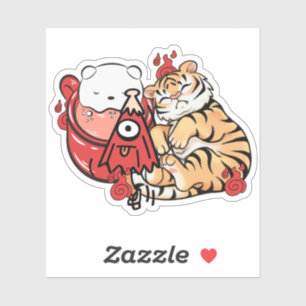 Sleeping Kawaii Tiger and Kasa-obake Spirit