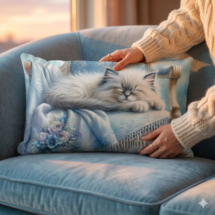 Sleeping Kitten Blue Cottagecore Dream Lumbar Cushion