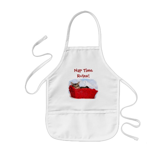 Sleeping Kitten In Bright Red Basket Kids Apron (Front)