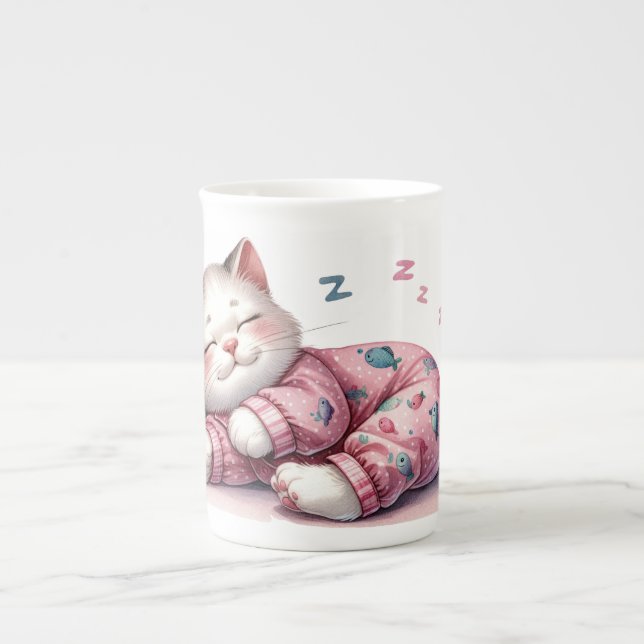 Sleeping Kitten in Pyjamas Bone China Mug (Front)