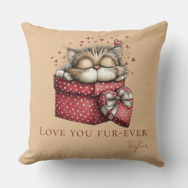 Sleeping Kitten Love You Fur-Ever Warm Beige Cushion (Front)