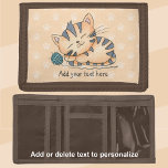 Sleeping Kitten With Wool Trifold Wallet<br><div class="desc">Cute watercolor tabby cat with grey stripes is curled up sleeping with a blue ball of wool he has been playing with. Below the kitten is a template to add your own text to personalise. The background has a pattern of little paw prints.</div>