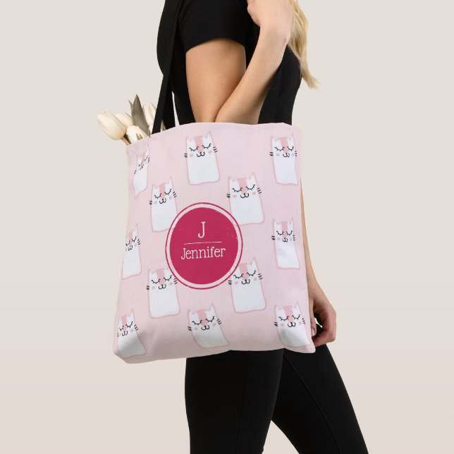 Sleeping Kitty Cat Pattern Monogram Tote Bag (Close Up)