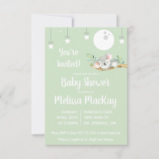 Sleeping Koala Baby Shower Invitation (Front)