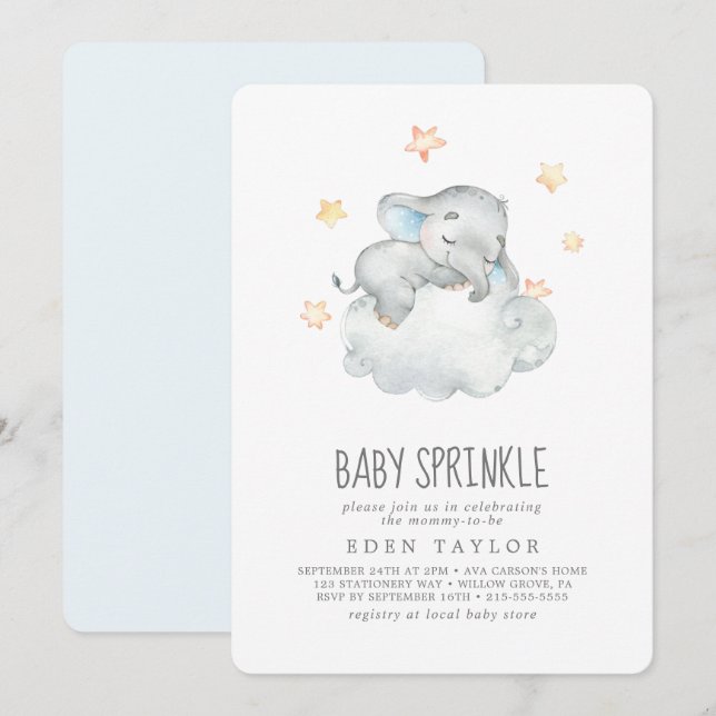 Sleeping Little Elephant Boy Baby Sprinkle Invitation (Front/Back)