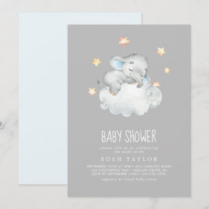 Sleeping Little Elephant Boy   Grey Baby Shower Invitation