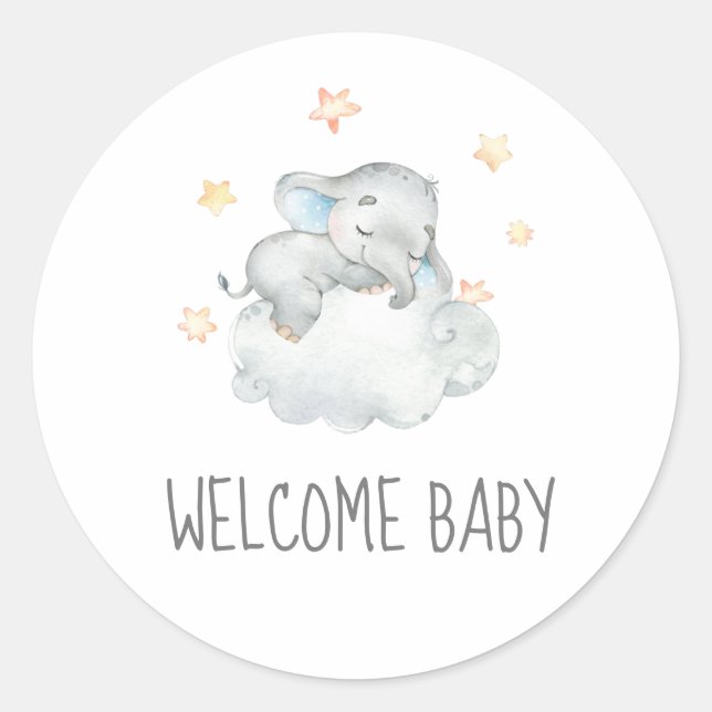Sleeping Little Elephant Boy Welcome Baby Shower Classic Round Sticker (Front)