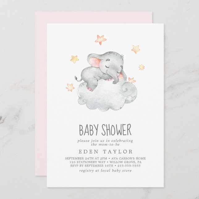 Sleeping Little Elephant Girl Baby Shower Invitation (Front/Back)
