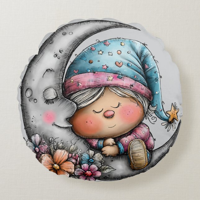 Sleeping Moon and Child Round Cushion (Front)