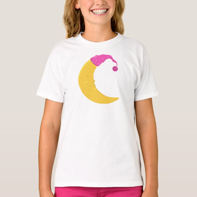 Sleeping Moon, Cute Moon, Yellow Moon, Nightcap T-Shirt (Front)